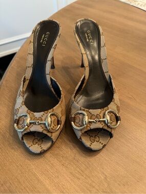 Gucci Brown/Tan Monogram Horsebit Peep-Toe Stiletto Heels